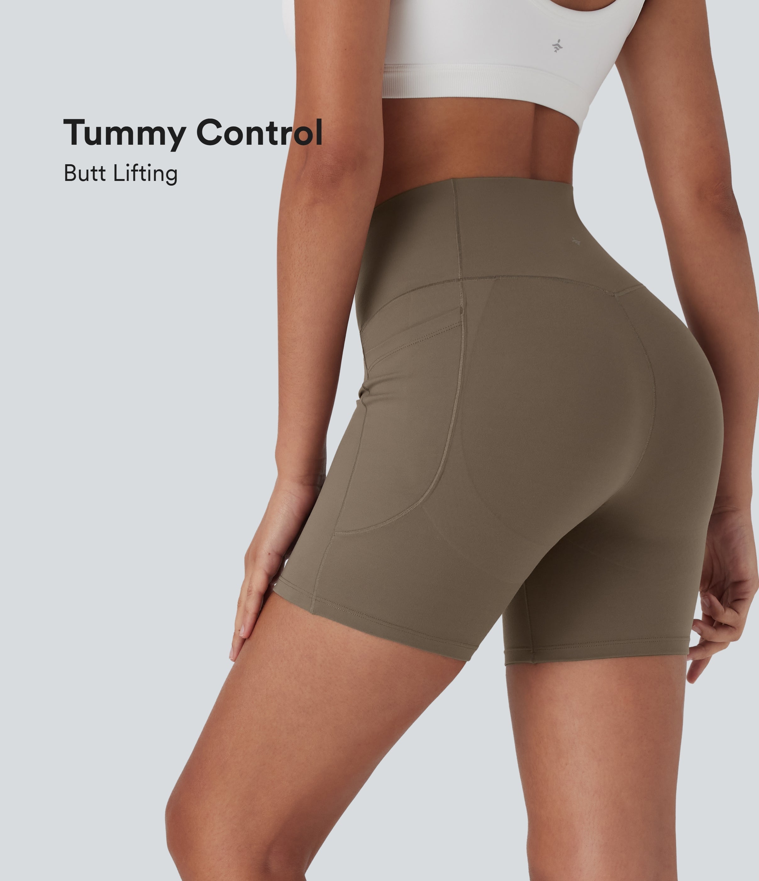 UltraSculptTM High Waisted Crossover Tummy Control Butt Lifting Yoga Biker Shorts 5'' with Pockets