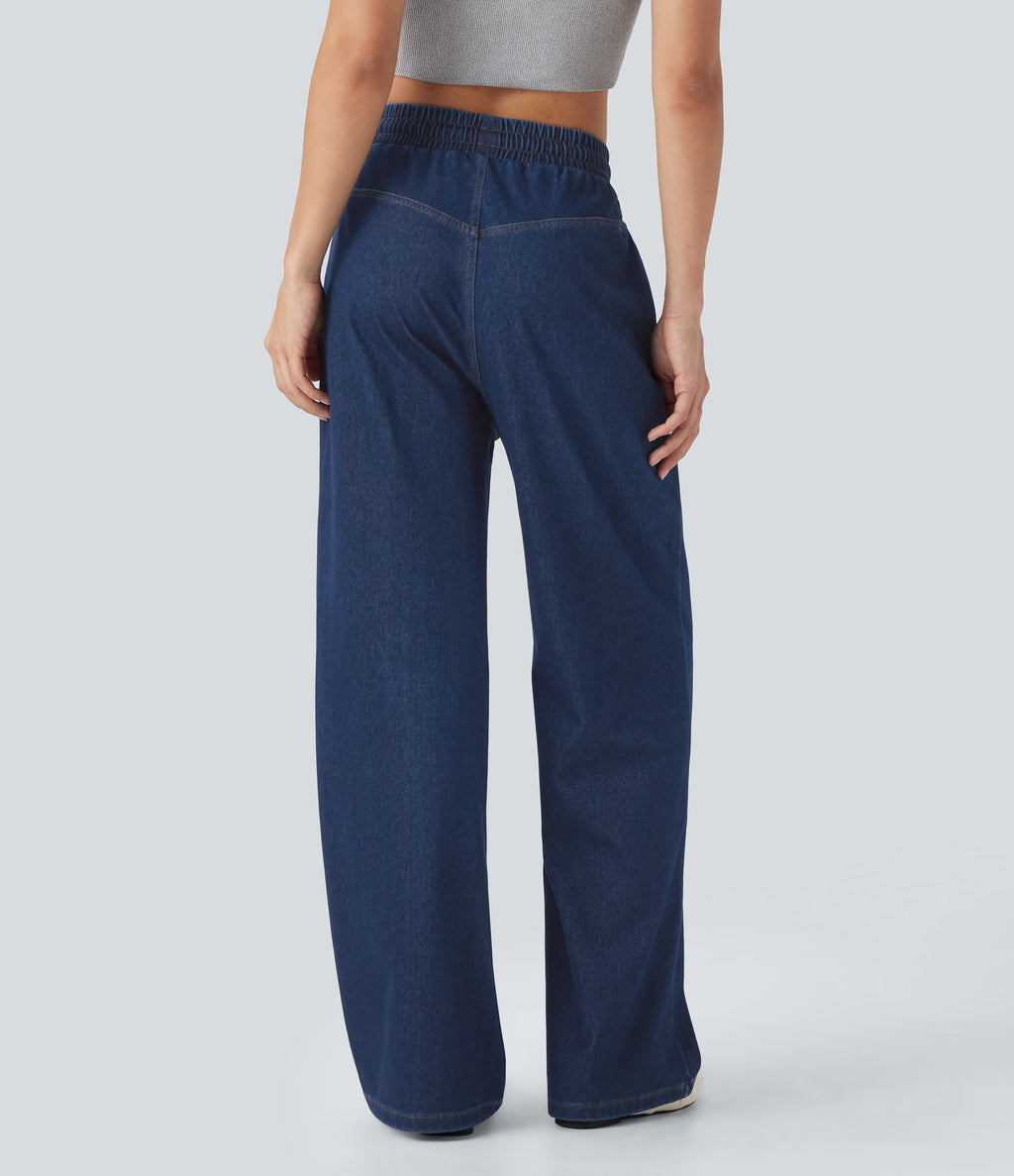 FlexTM High Waisted Drawstring Wide Leg Cool Touch Casual Jeans with Pockets