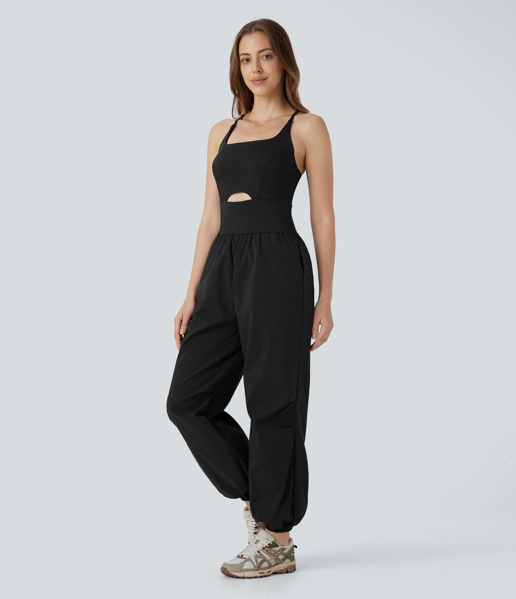 Water Repellent Crisscross Backless Side Pockets Ripstop Hiking Cargo Jumpsuit