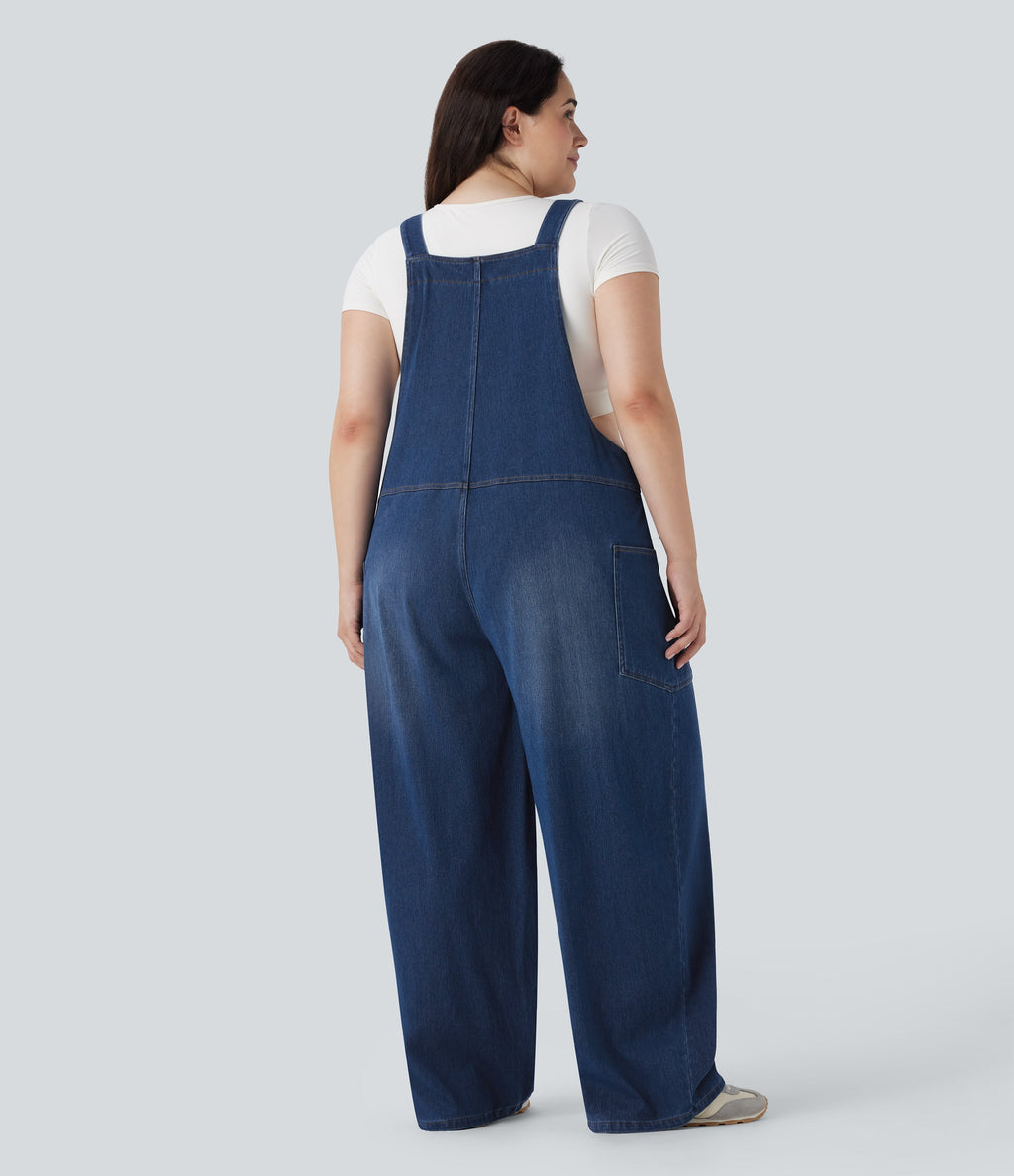 FlexTM V Neck Washed Denim Casual Plus Size Overalls with Pockets