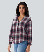 V Neck Curved Hem Plaid Casual Blouse