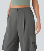 High Waisted Adjustable Drawstring Hem Linen-Feel Casual Cargo Pants with Pockets