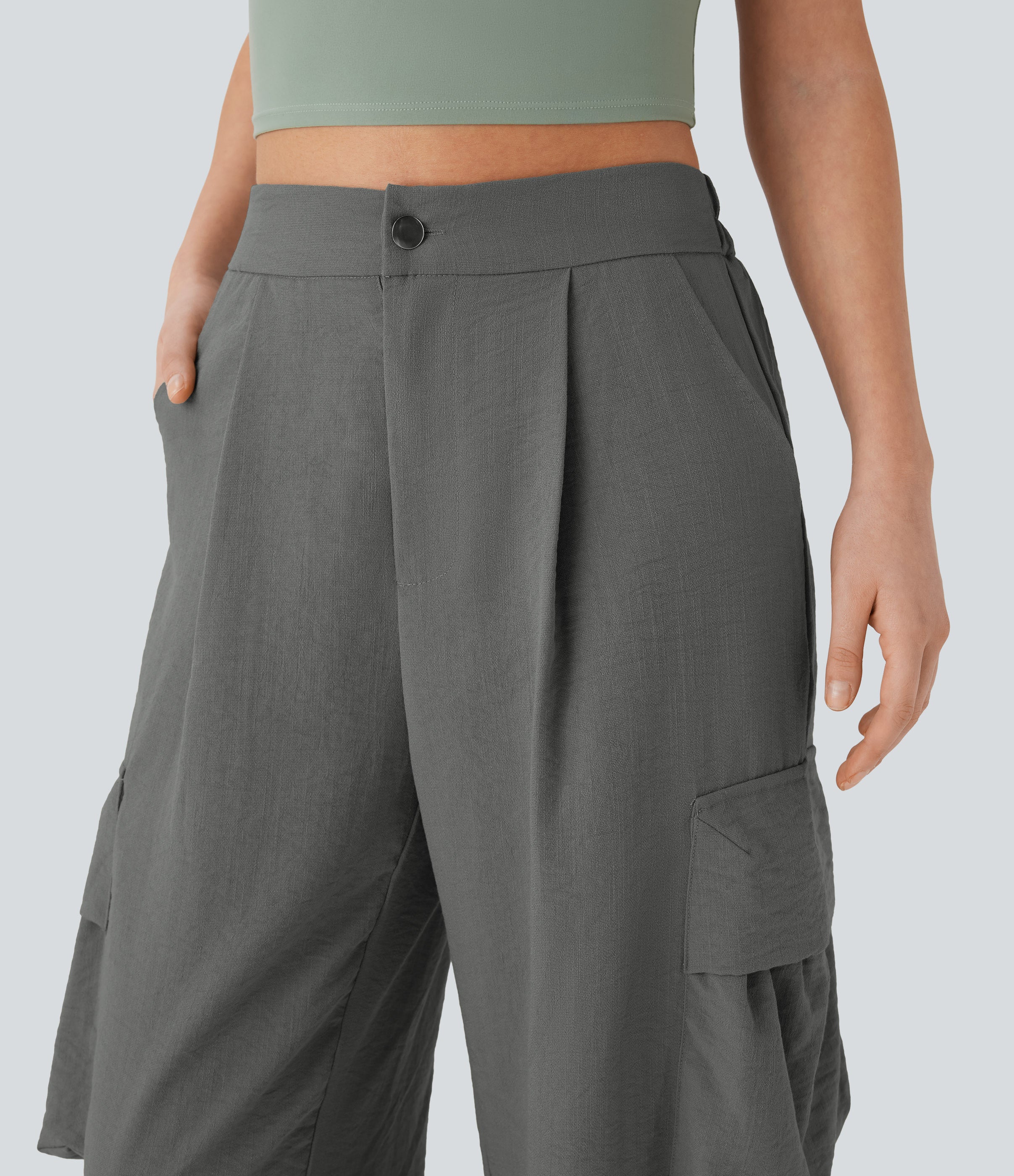 High Waisted Adjustable Drawstring Hem Linen-Feel Casual Cargo Pants with Pockets