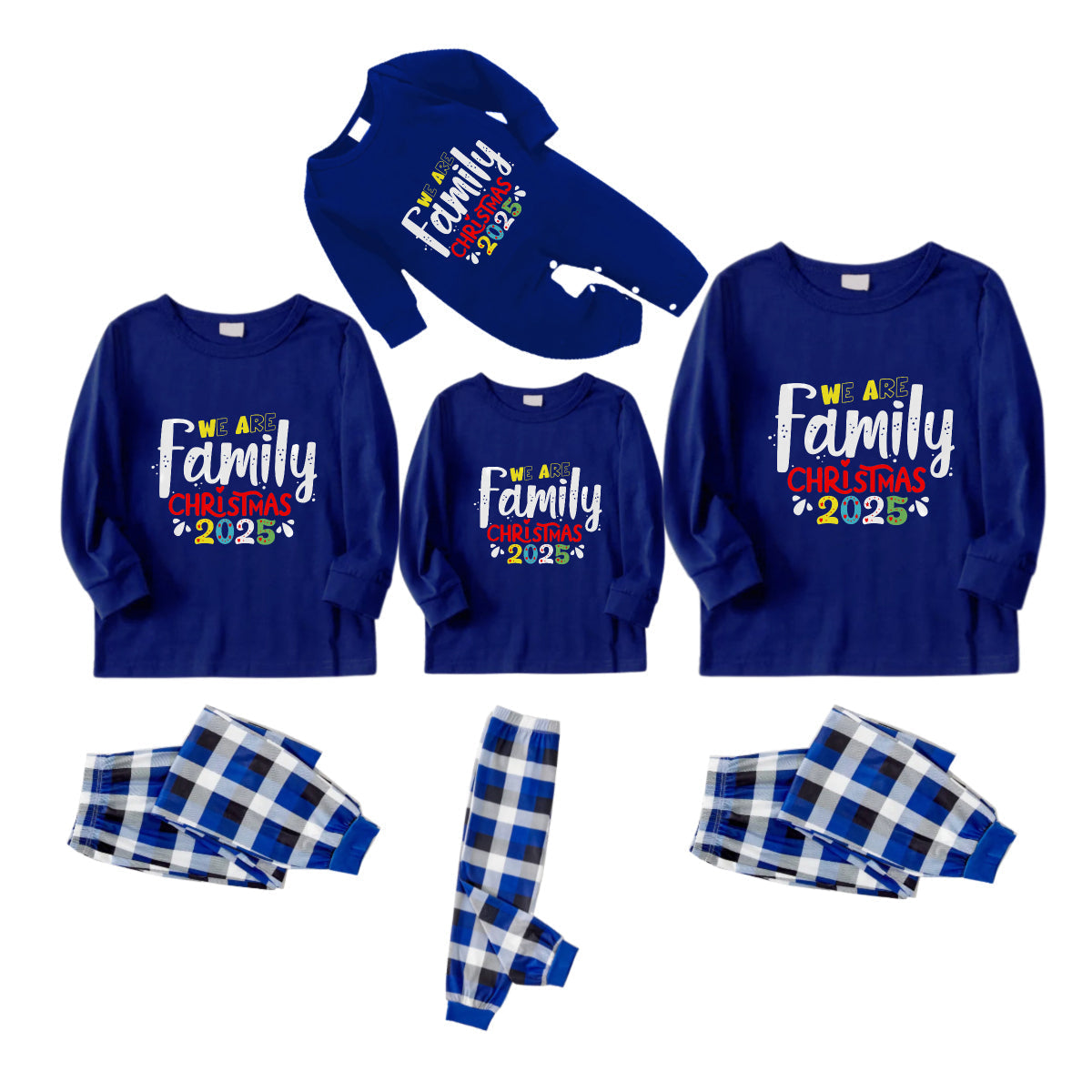 Christmas Family Matching Pajamas-Navy & White Plaid Pjs Set with "We Are Family Christmas 2025" Colorful Text Print