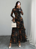 Women's Gothic Elegant Sexy Mesh Splicing Colorful Print Retro Petal Sleeves Ruffle Mermaid Hem Double Layer Dress