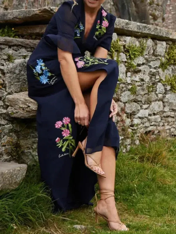 NEW🔥 V Neck Floral Embroidered Ruffle Dress- Tax Free