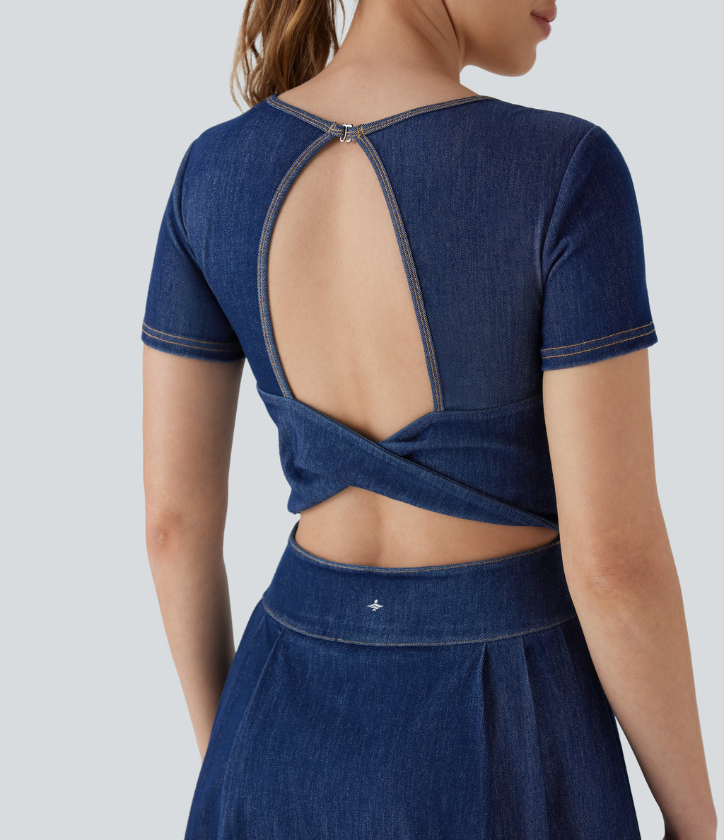 FlexTM Pleated Hem 2-in-1 Cool Touch Washed Denim Tennis Active Dress with Pockets