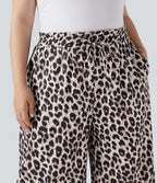 Plus Size High Waisted Drawstring Leopard Print Wide Leg Casual Pants with Pockets