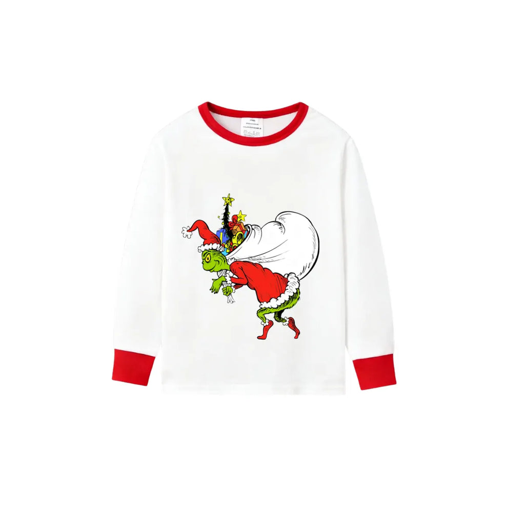 Christmas White Pajamas Set With Cartoon Pattern Print