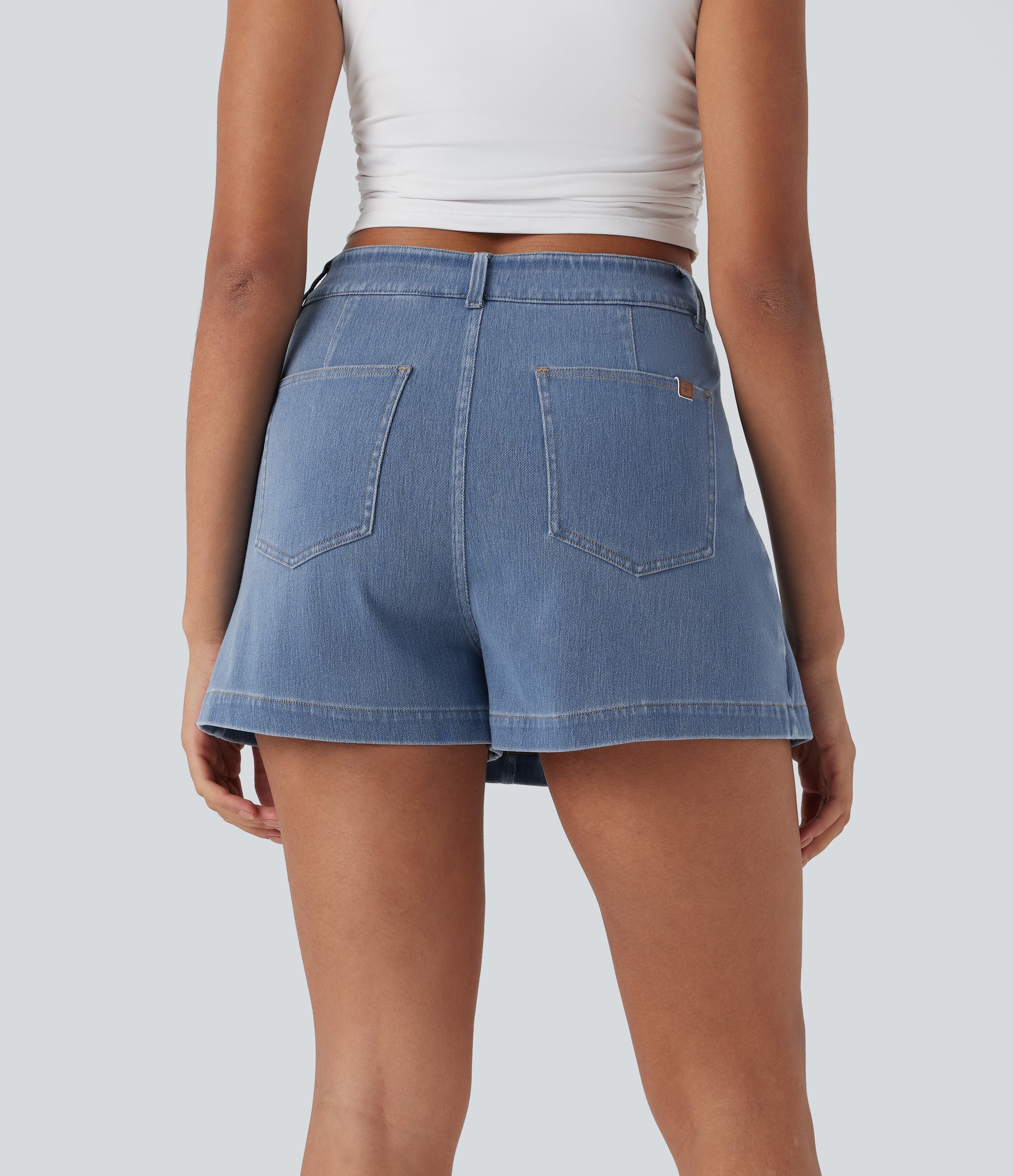 FlexTM High Waisted 2-in-1 Washed Stretchy Knit Denim Casual A-line Skort with Pockets