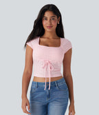 Square Neck Drawstring Eyelet Embroidery Skinny Cropped Casual Top