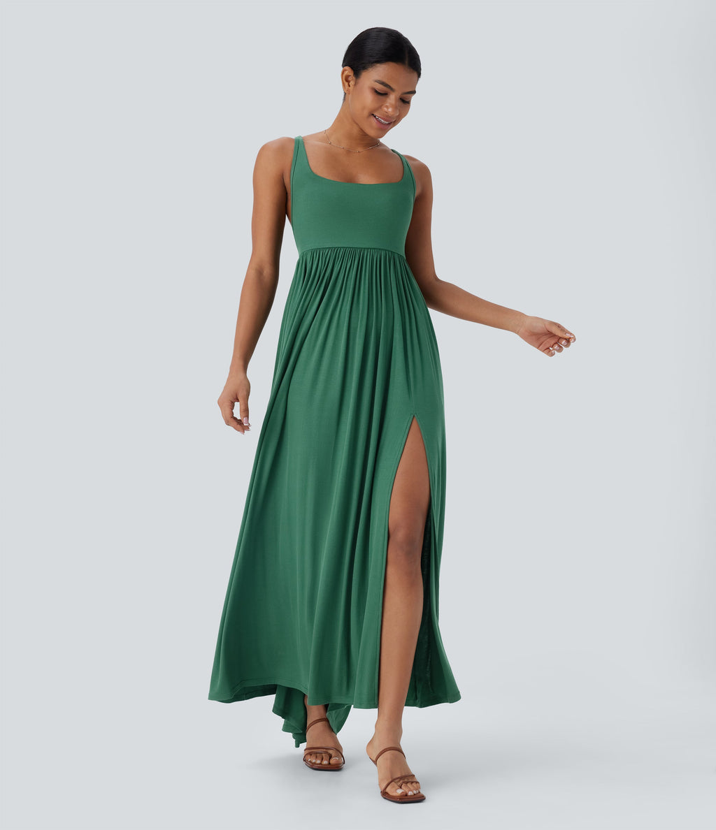 Ribbed Tie Back Ruched Maxi Slip Dress with Pockets