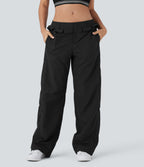Low Rise Drawstring Ruffle Trim Dance Barrel Leg Pants with Pockets