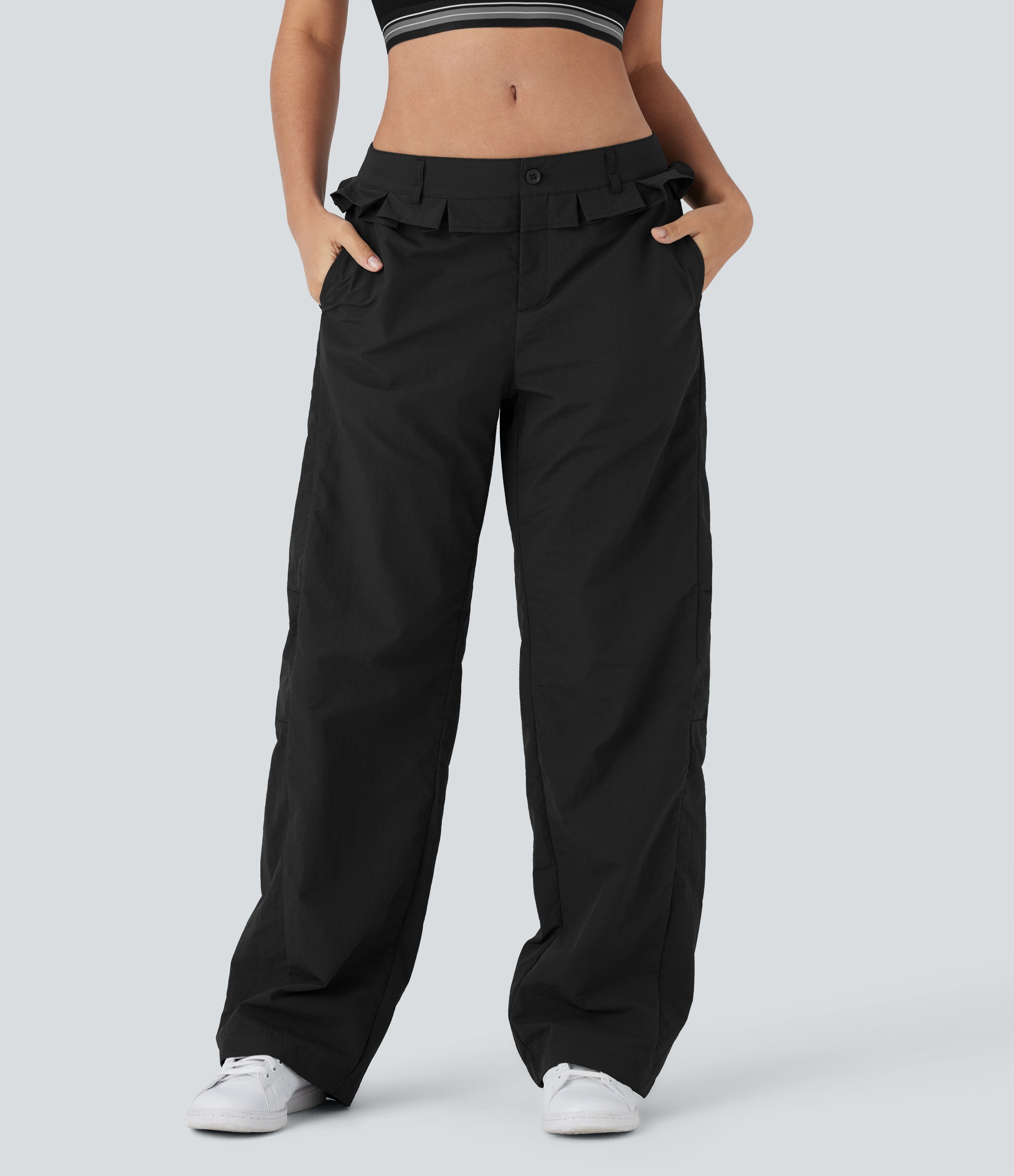 Low Rise Drawstring Ruffle Trim Dance Barrel Leg Pants with Pockets