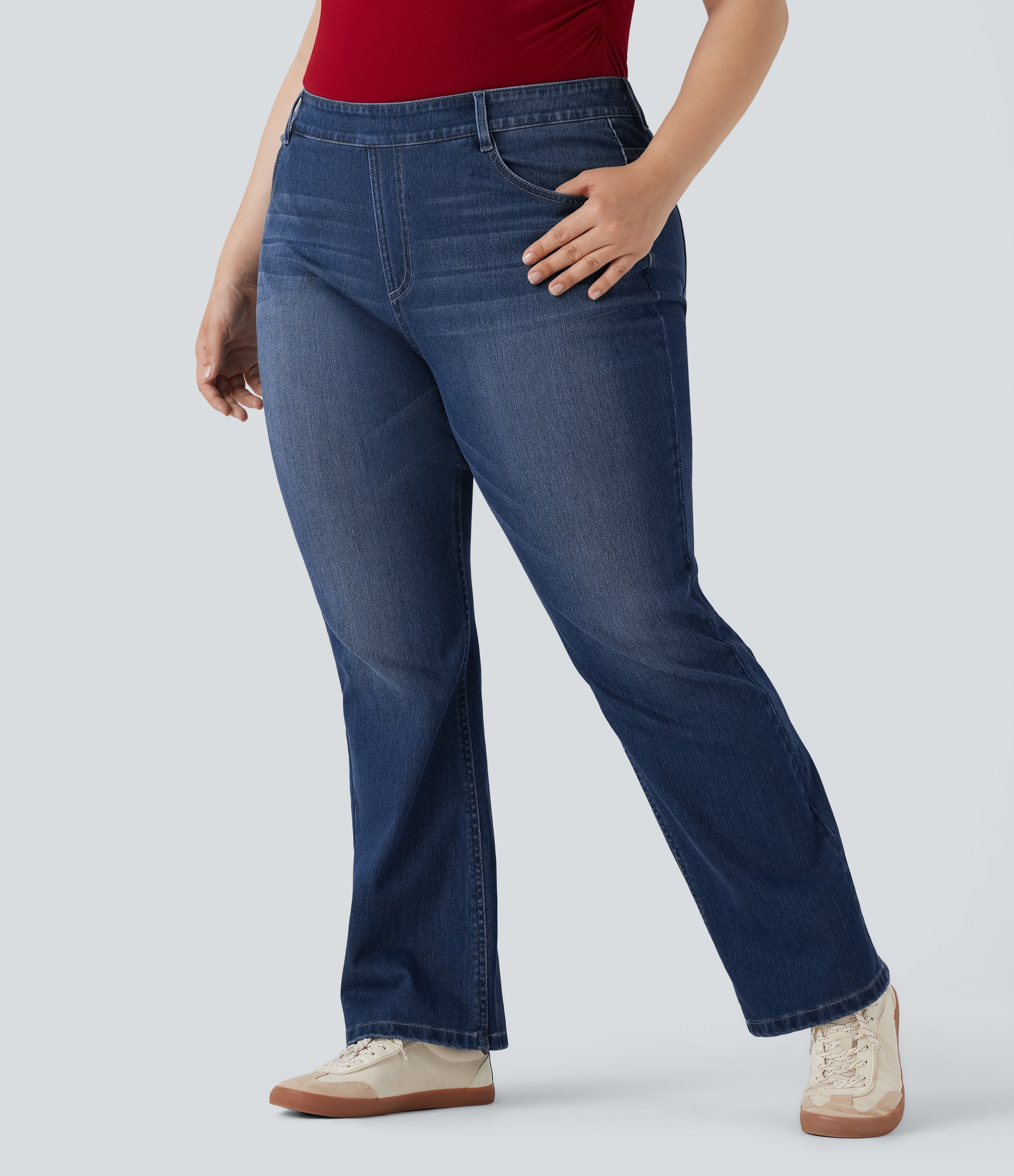 Plus Size FlexTM High Waisted Washed Casual Bootcut Jeans with Pockets