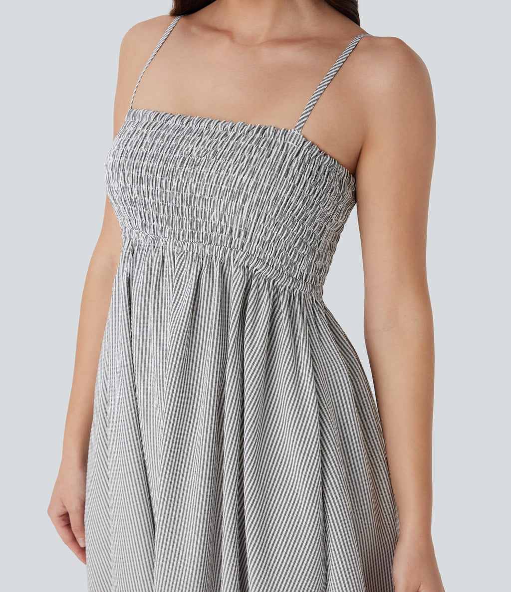 Shirred Stripe Midi Slip Dress with Pockets