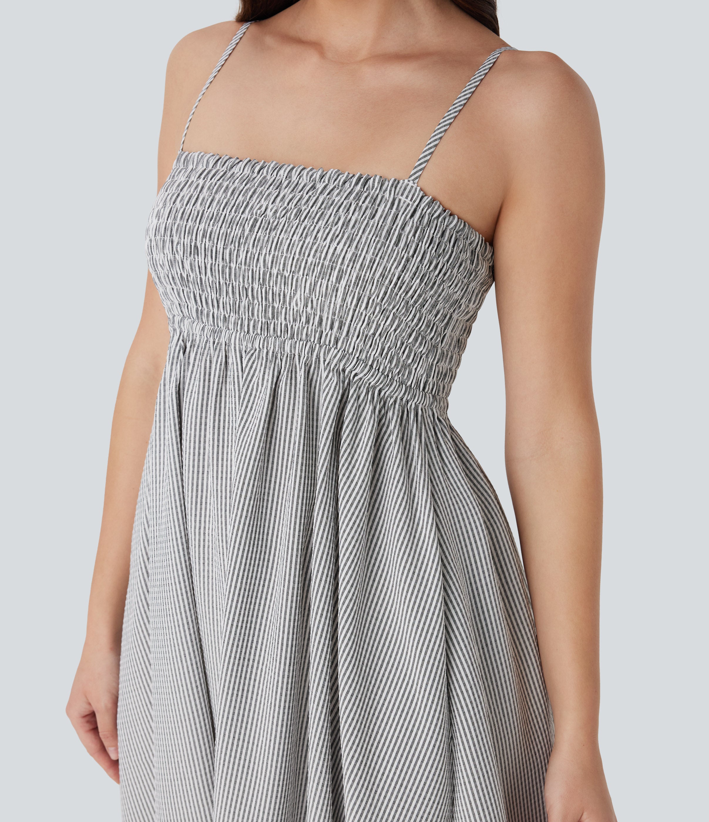 Shirred Stripe Midi Slip Dress with Pockets