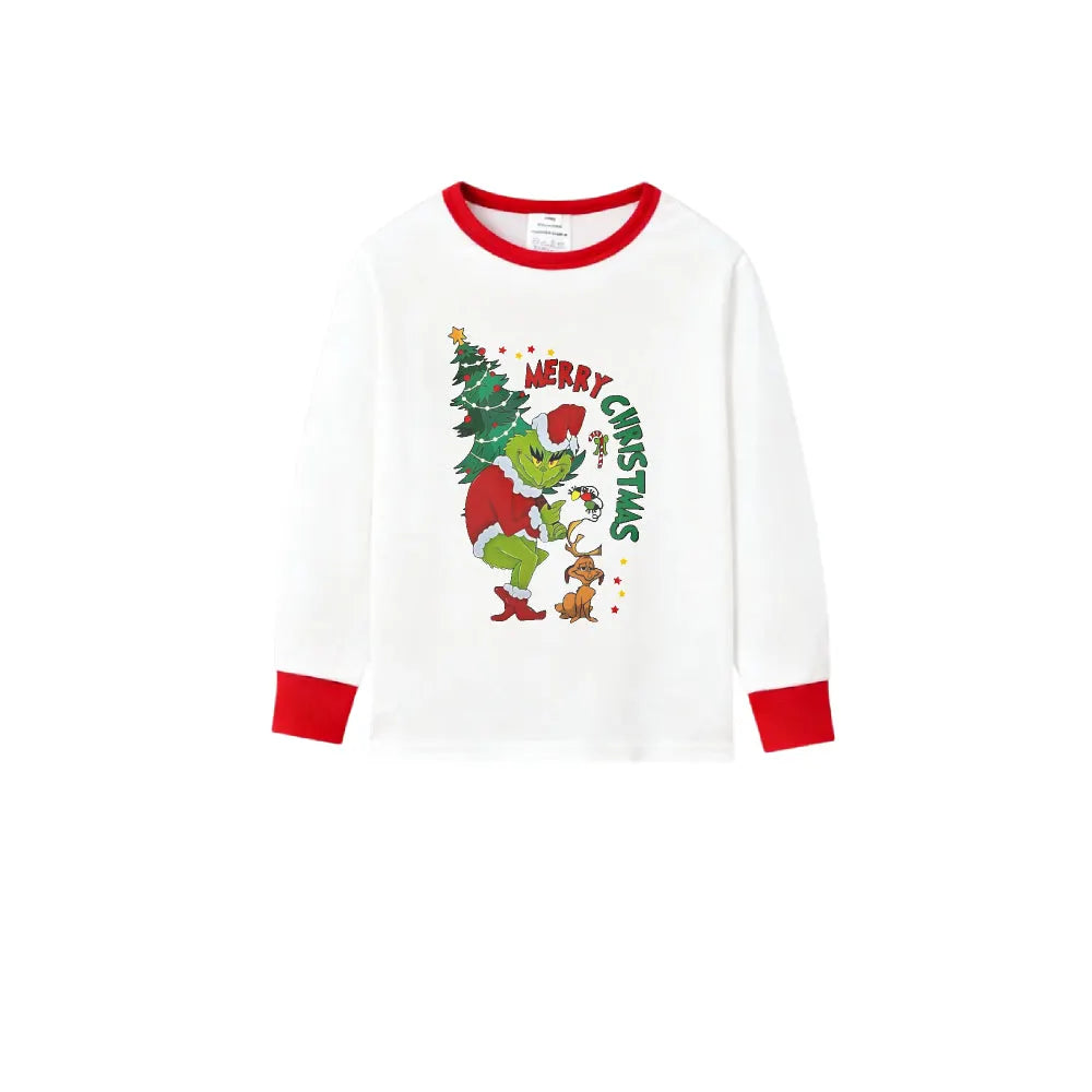 Family Christmas White Pajamas Set With Cute Xmas Pattern Print