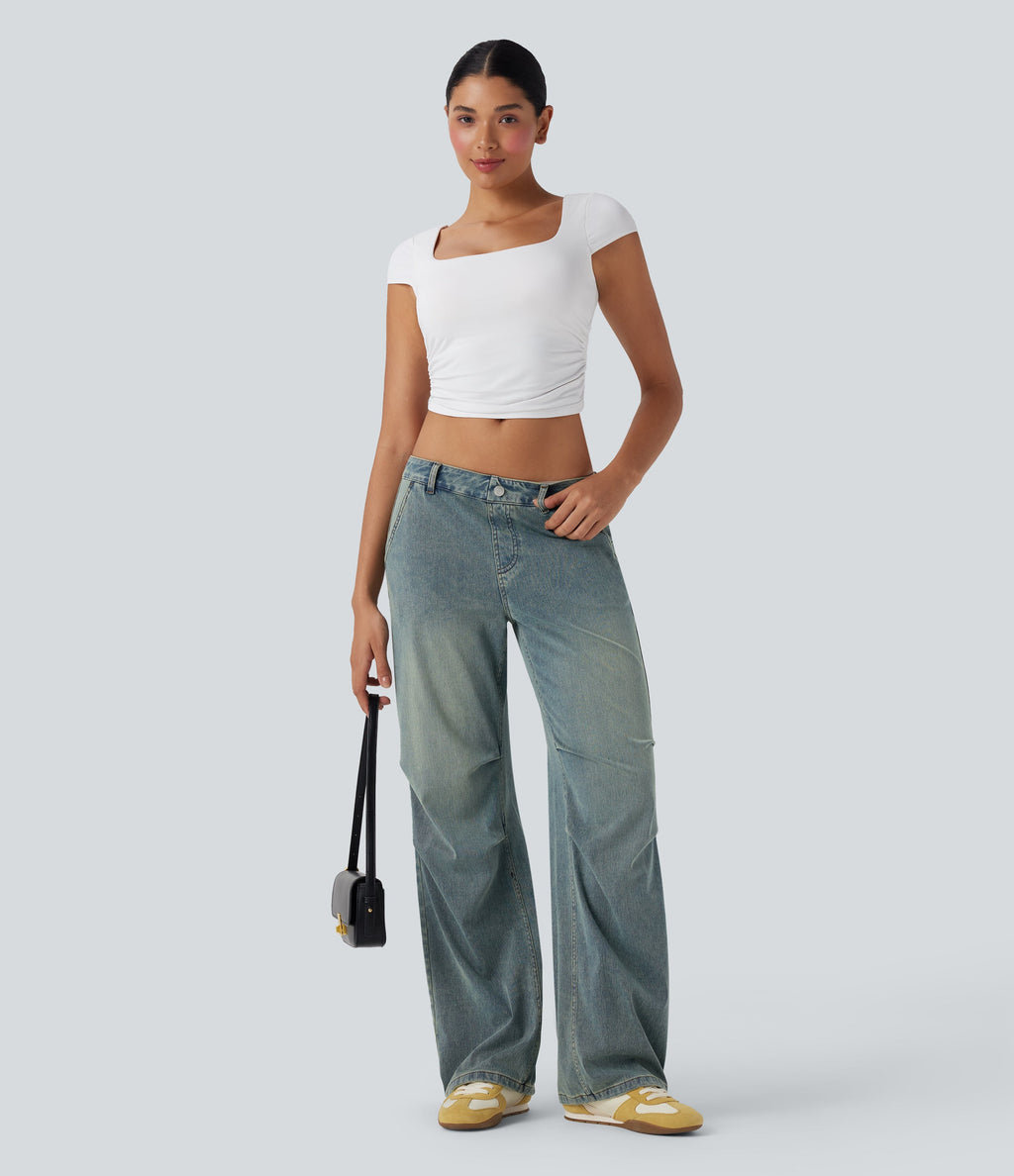 FlexTM Low Rise Adjustable Drawcord Stretchy Knit Casual Parachute Jeans with Multiple Pockets