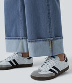 FlexTM High Waisted Multiple Pockets Rolled Hem Wide Leg Washed Stretchy Knit Casual Jeans
