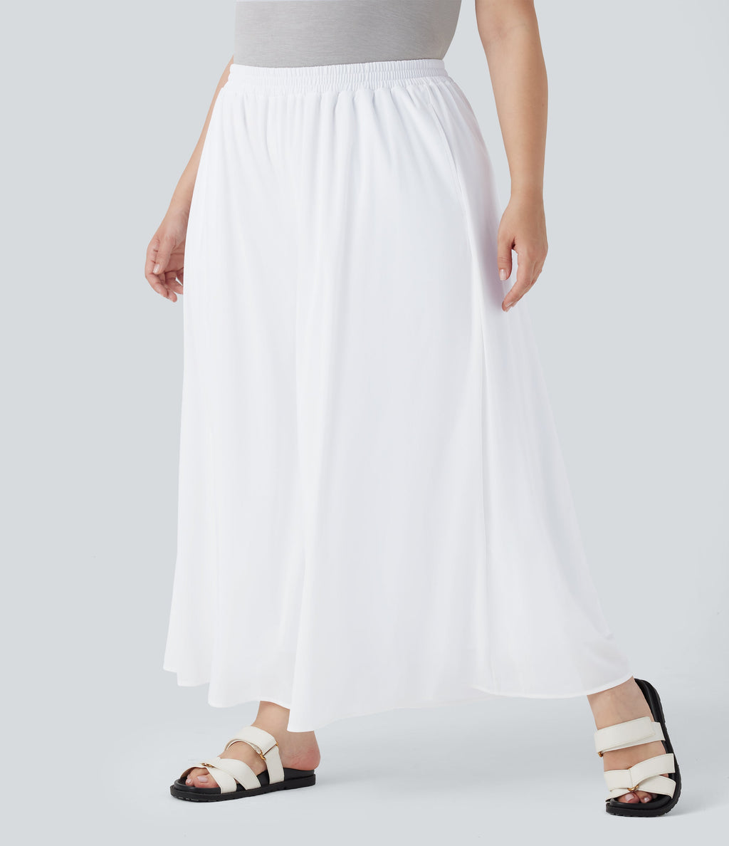 Plus Size High Waisted Mesh Overlay Wide Leg Casual Pants with Pockets