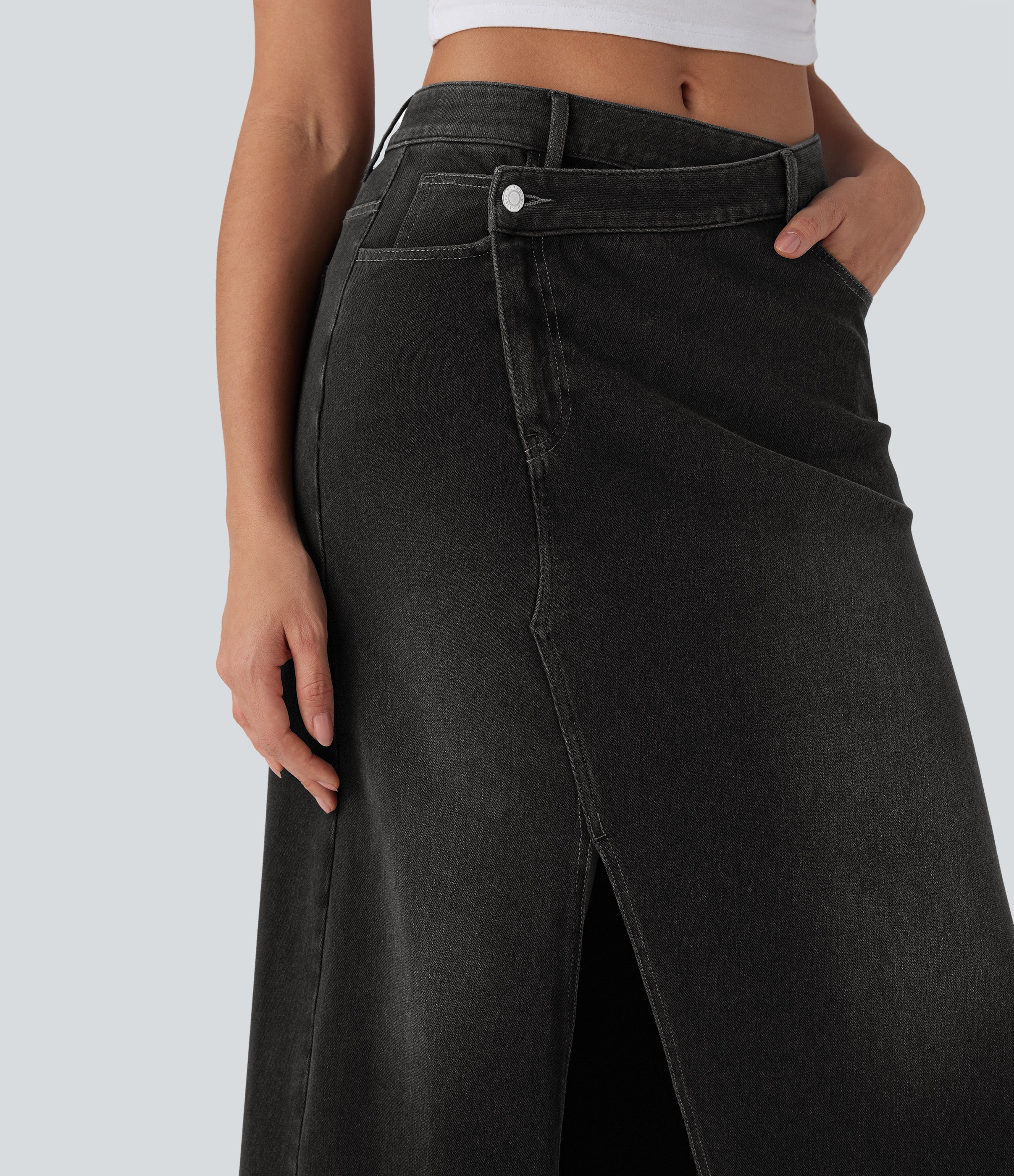 FlexTM Asymmetric Mid Rise Denim Maxi Casual Skirt with Pockets