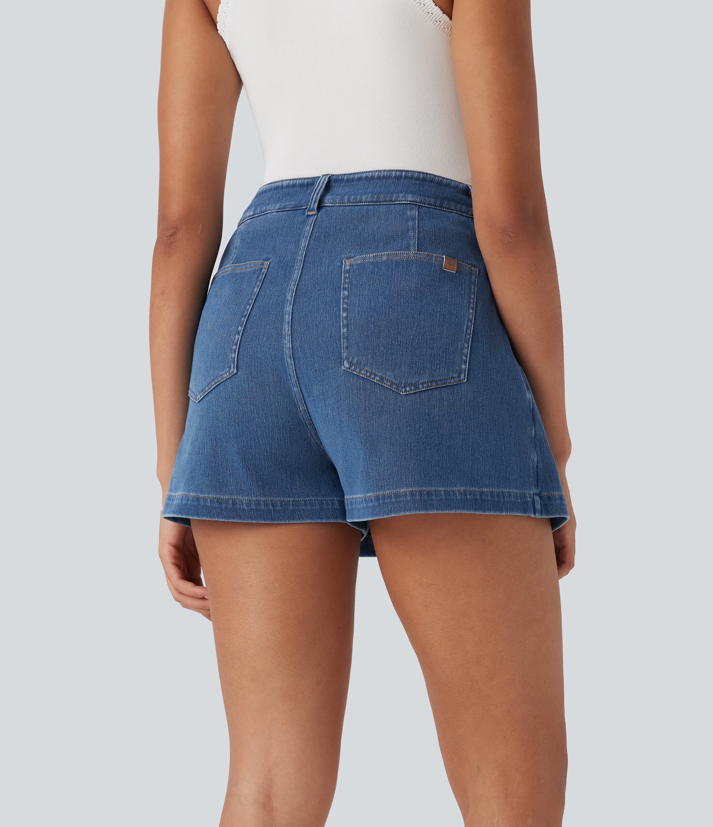 FlexTM High Waisted 2-in-1 Washed Stretchy Knit Denim Casual A-line Skort with Pockets