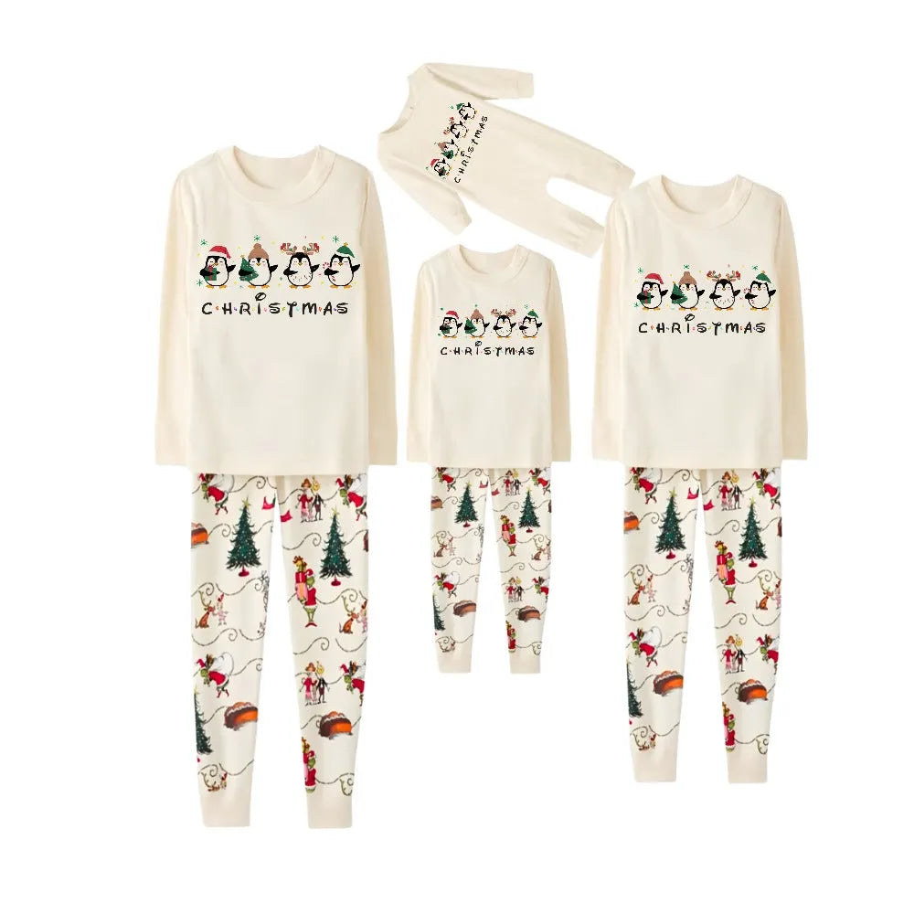 Beige Christmas Pattern Print Christmas Pajamas Set With Penguin and "Christmas" Print