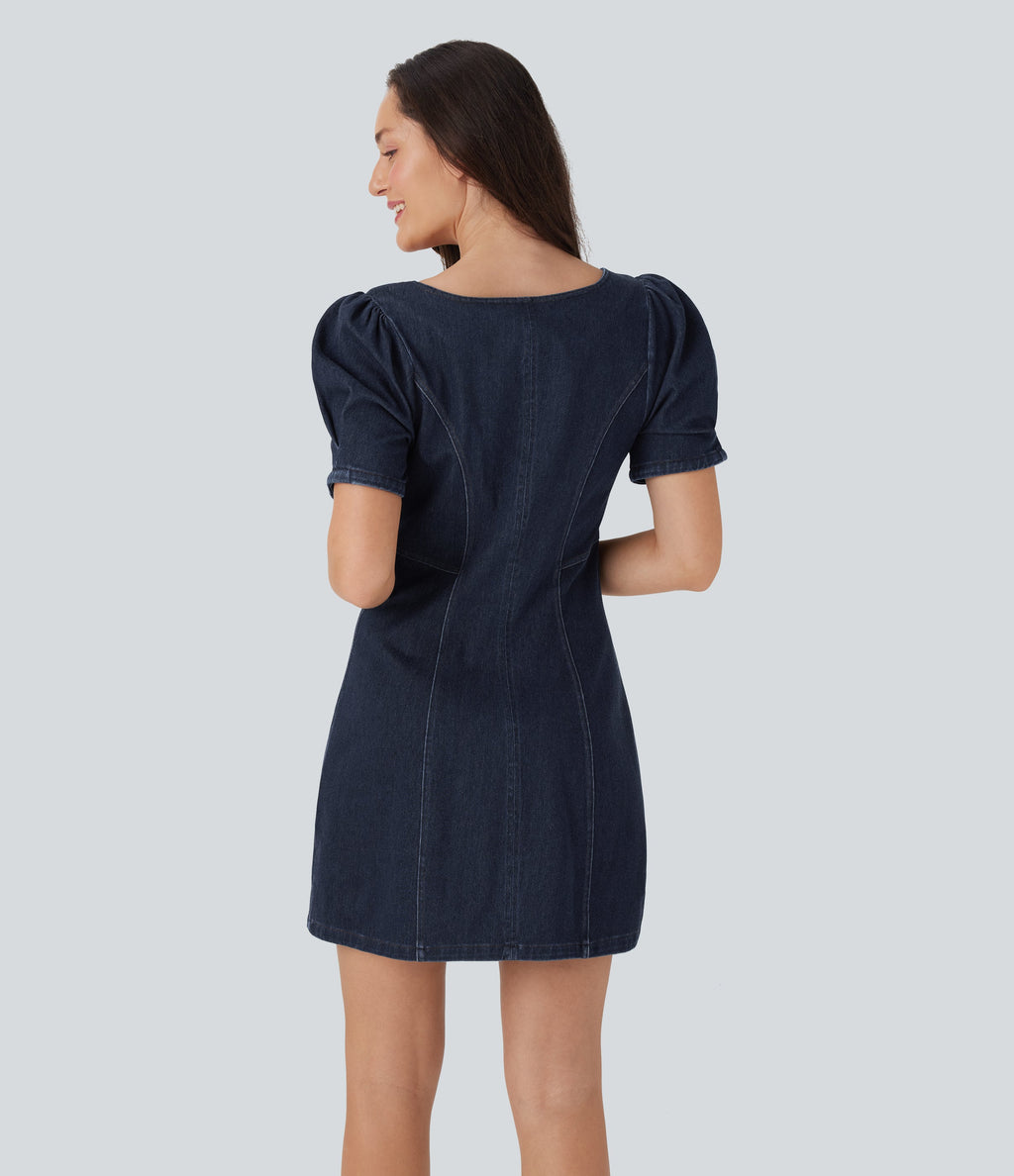 FlexTM Square Neck Short Sleeve Zipper Denim Mini Casual Dress