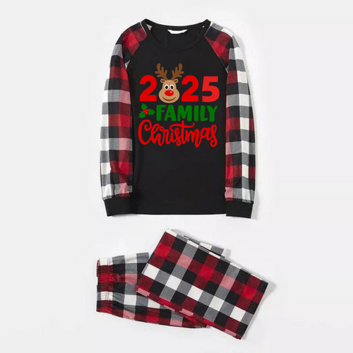 "2025 Family Christmas" Moose Letter Prints Red & Black & Grey & White Plaid Family Matching Pajamas