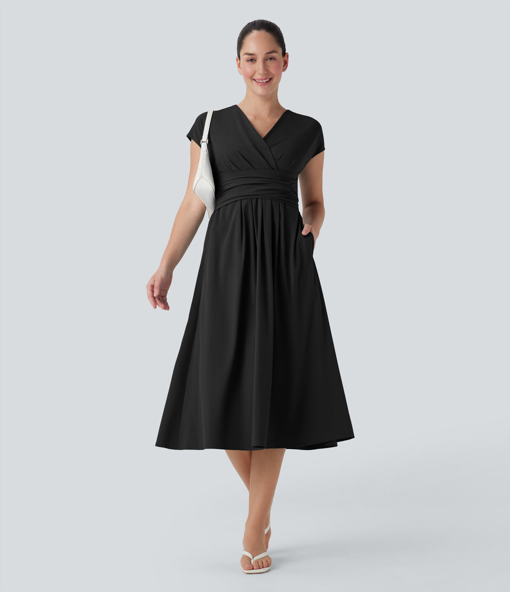 BreezefulTM V Neck Short Sleeve Pocket Tie Back Quick Dry Midi Casual Dress
