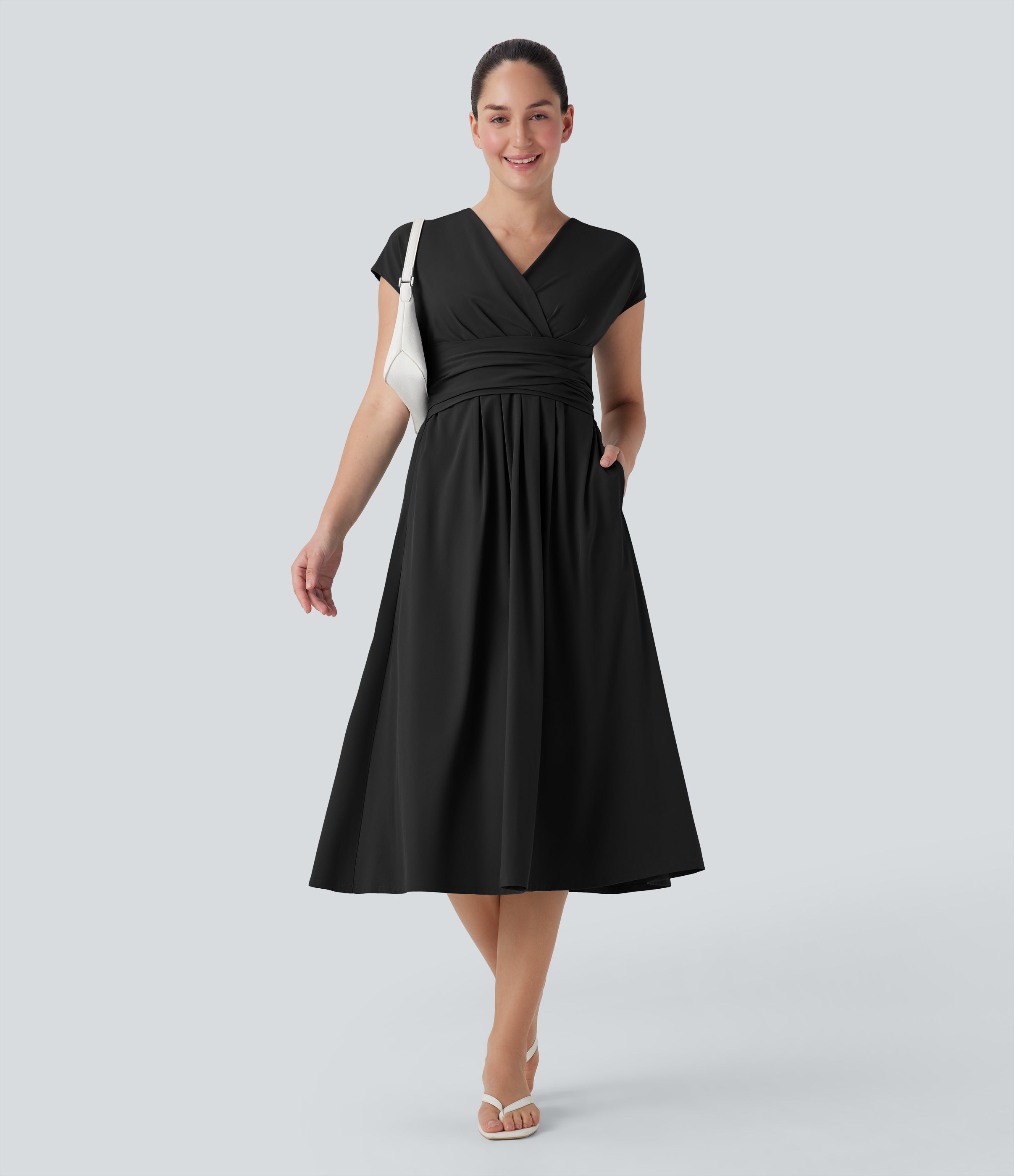 BreezefulTM V Neck Short Sleeve Pocket Tie Back Quick Dry Midi Casual Dress