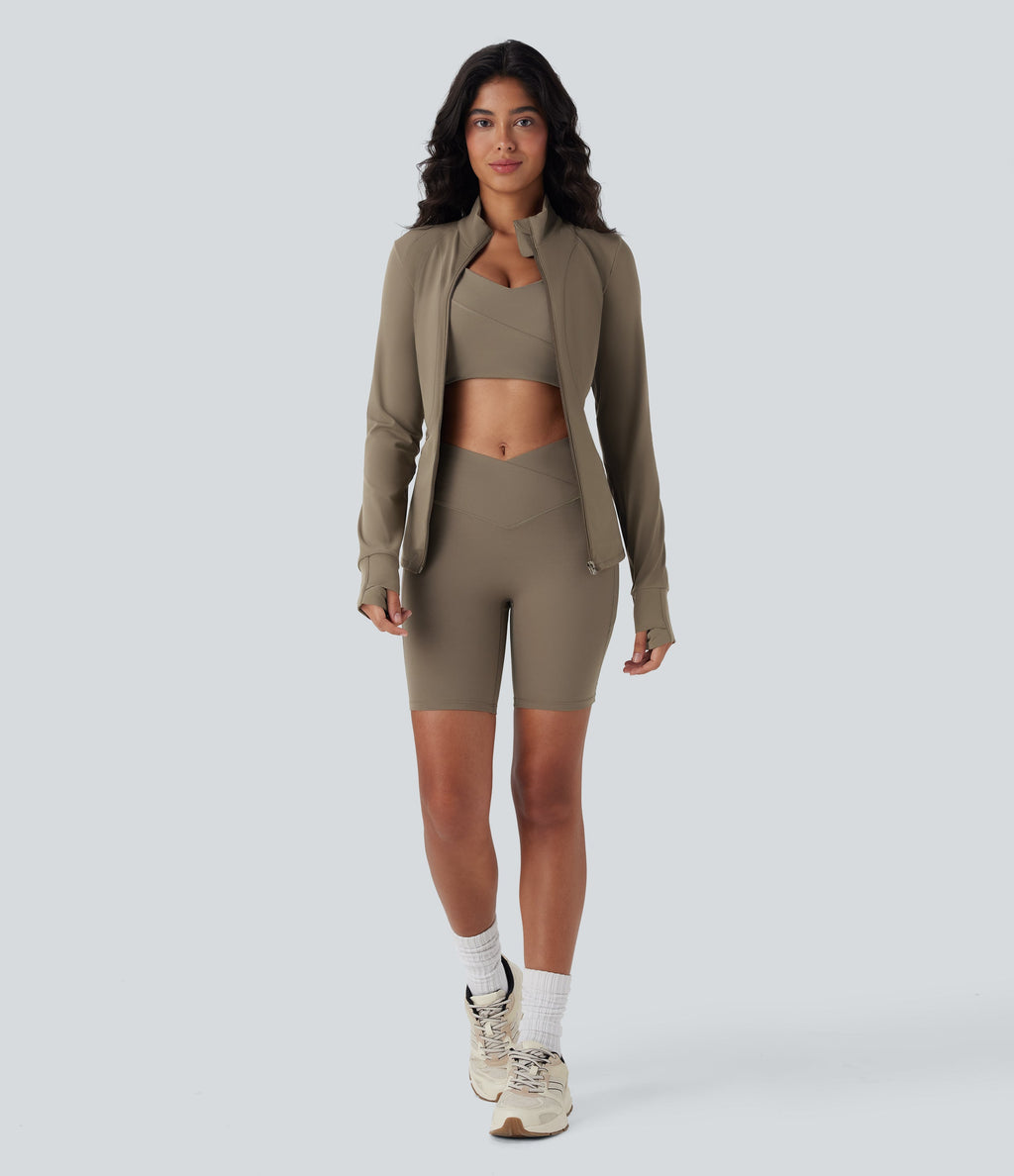 UltraSculptTM High Waisted Crossover Tummy Control Butt Lifting Yoga Biker Shorts 7'' with Pockets