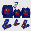 2025 Family Matching Christmas Pajamas -Navy Blue Top & Santa Print Pants