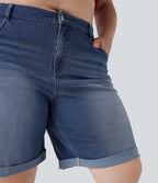 FlexTM High Waisted Multiple Pockets Rolled Hem Washed Stretchy Knit Denim Casual Plus Size Bermuda Shorts