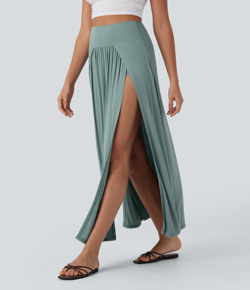 SoCinched Ribbed High Waisted Tummy Control Draped 2-in-1 Maxi Casual Skirt