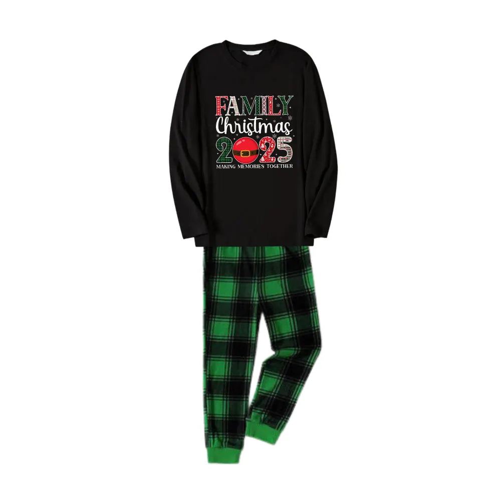 Christmas Family Matching Pajamas-Black Top and Green Plaid Pants Pjs Set with "Family Christmas 2025" Print