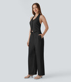 Halter Shirred Wide Leg Work Jumpsuit with Pockets