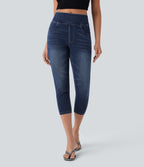 FlexTM High-Waisted Denim Casual Capri Leggings with Pockets