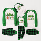 Green Raglan Top Green Plaid Christmas Pajamas Set With "BELIEVE" and Christmas Tree Print
