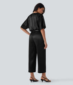 Crossover V Neck Belted Wide Leg Satin-like Work Jumpsuit with Pockets