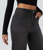 FlexTM High Waisted Multiple Pockets Rolled Hem Wide Leg Washed Stretchy Knit Casual Jeans