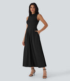 Stand Collar Sleeveless Flare Maxi Casual Dress with Pockets