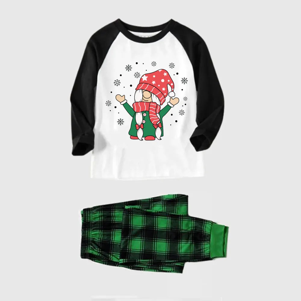 Black Raglan Top Green Plaid Christmas Pajamas Set With Christmas Gnome Print