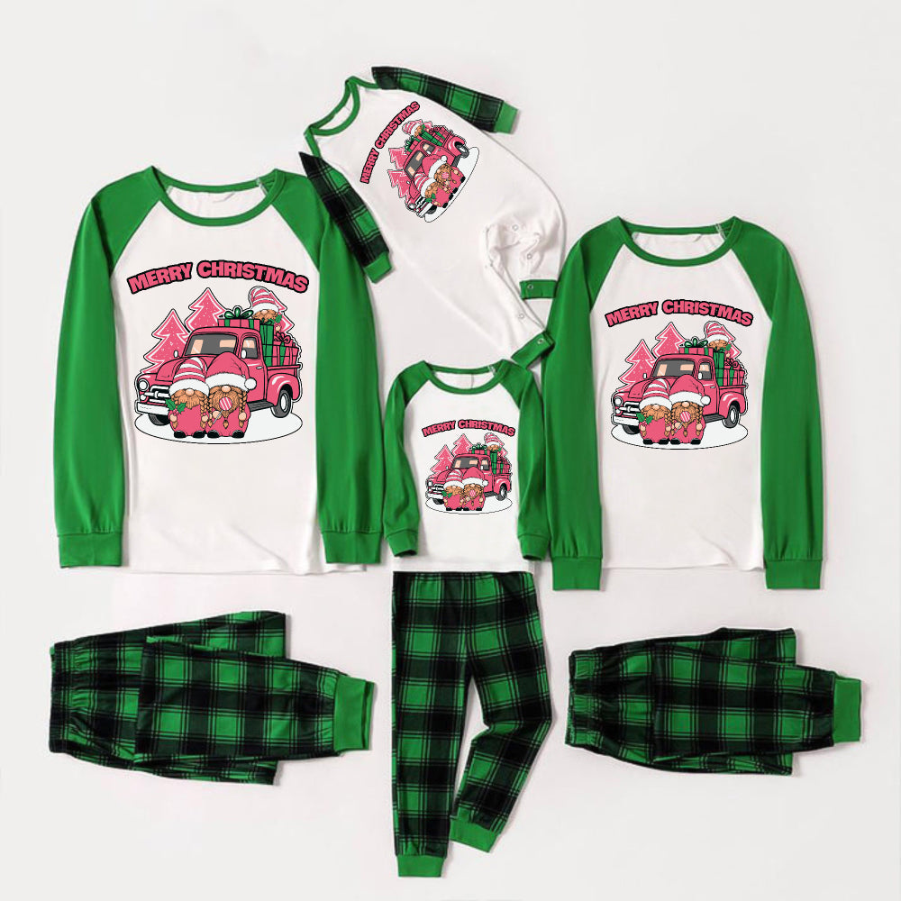 Green Raglan Top Green Plaid Christmas Pajamas Set With Pink Gnomes and "MERRY CHRISTMAS" Print