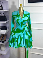 Women's Tie-Dye Print Flare Long Sleeve Dress, V-Neck Bow Hem, Fall Winter Wear, Elegant Vacation Party Birthday Dress