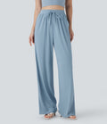 Ribbed Knit High Waisted Drawstring Straight Leg Casual Pants with Pockets