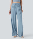 Ribbed Knit High Waisted Drawstring Straight Leg Casual Pants with Pockets