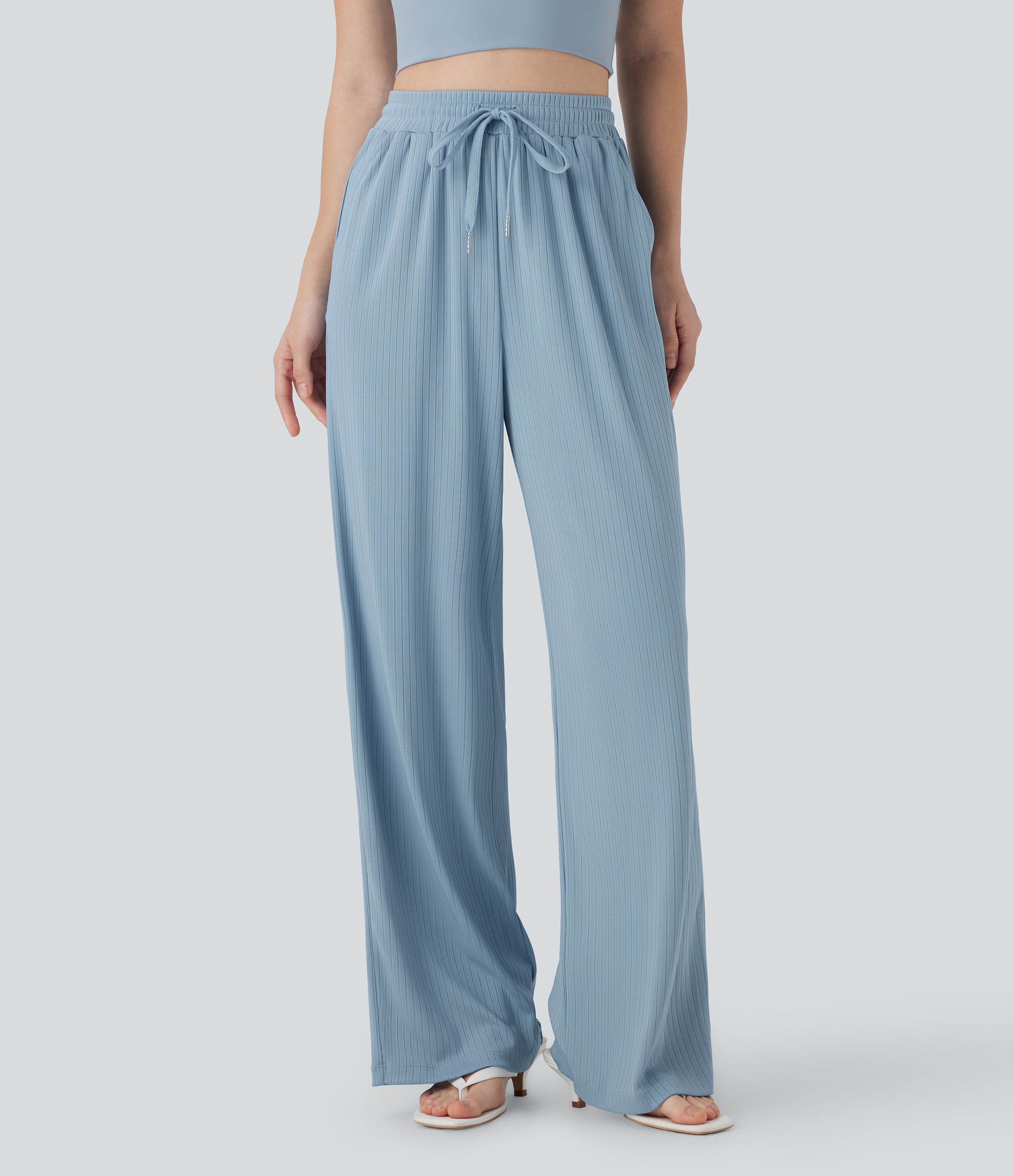 Ribbed Knit High Waisted Drawstring Straight Leg Casual Pants with Pockets