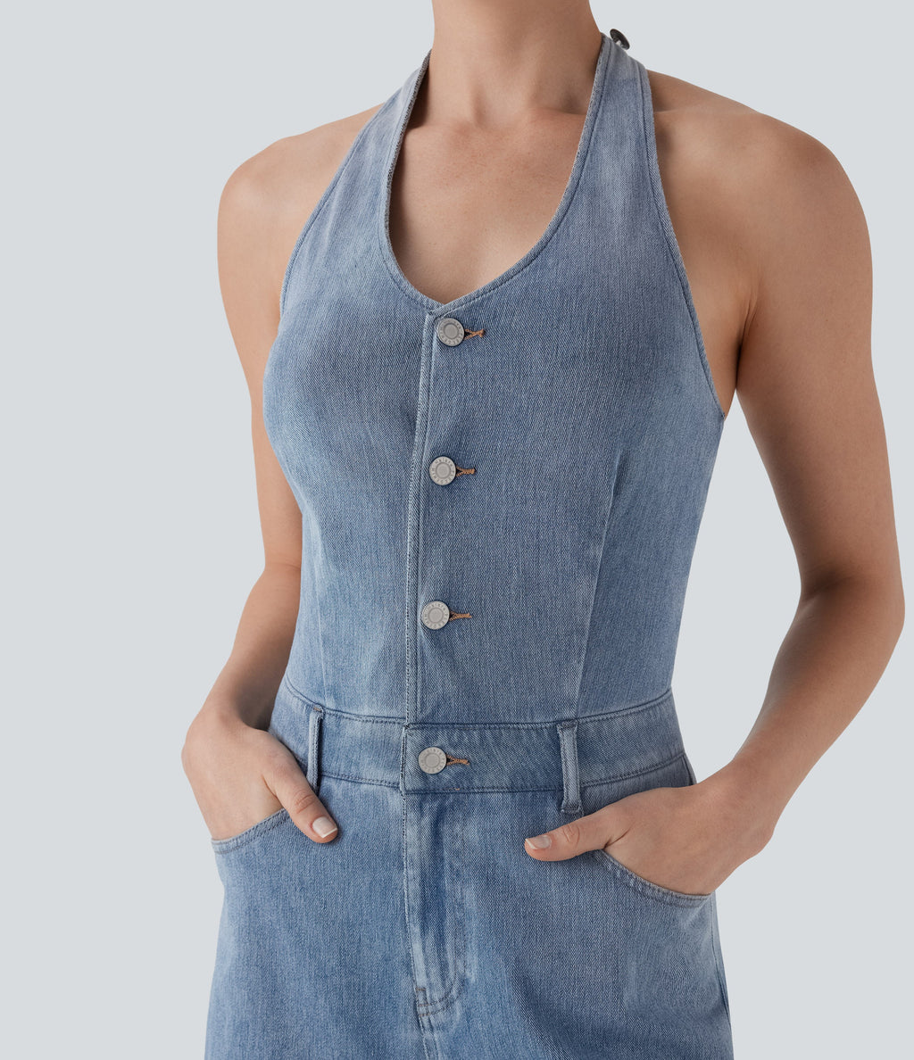 FlexTM Halter Wide Leg Denim Casual Jumpsuit with Pockets
